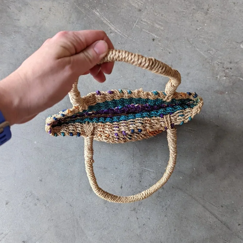 Vintage Colorful Stripe Woven Wicker Straw Mini Tote Raffia Bag